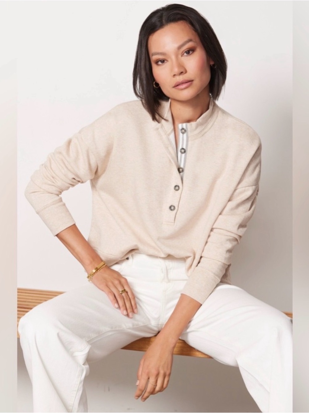 EVEREVE TARYN TAPED HENLEY SWEATSHIRT CRÈME WOMEN’S XS